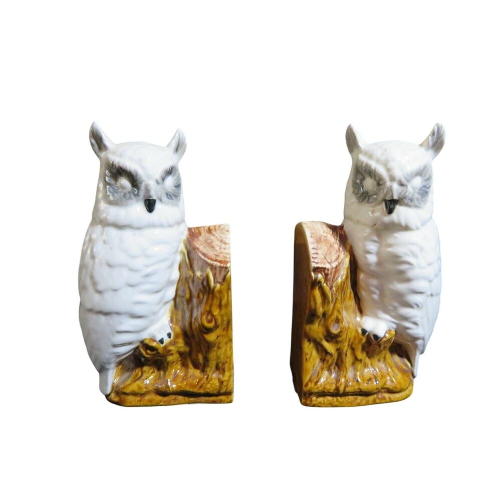 Owl Bookends 2 Piece White Brown Gray 8 x 4.5 x 3 Porcelain Vintage Antique
